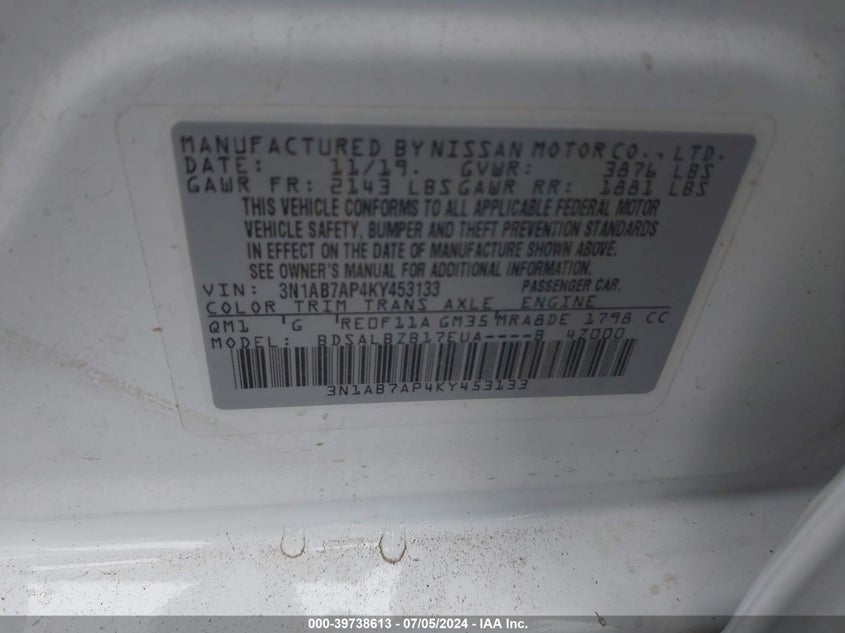 2019 NISSAN SENTRA S - 3N1AB7AP4KY453133