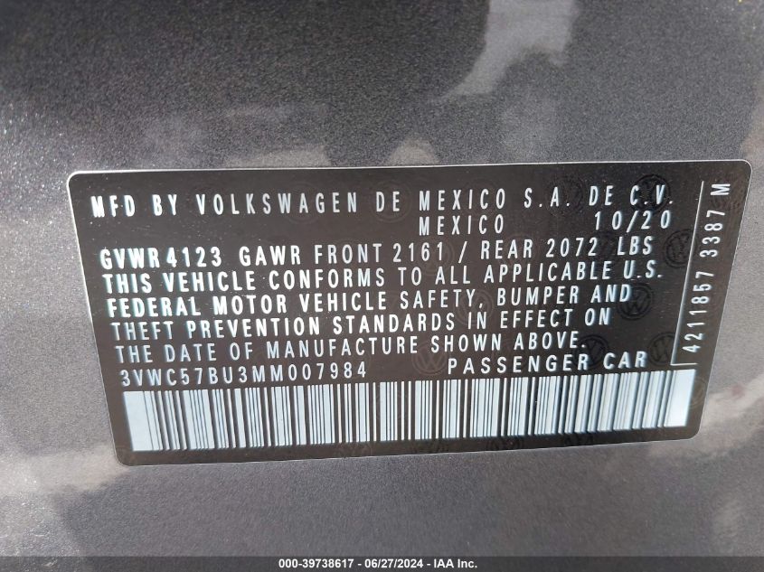 2021 Volkswagen Jetta S/Se/R-Line VIN: 3VWC57BU3MM007984 Lot: 39738617