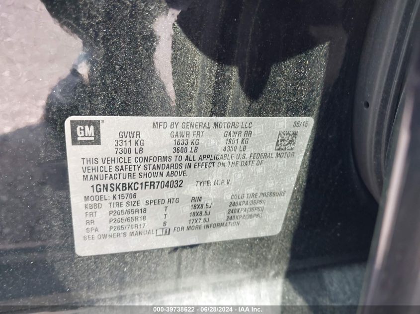 2015 Chevrolet Tahoe Lt VIN: 1GNSKBKC1FR704032 Lot: 39738622