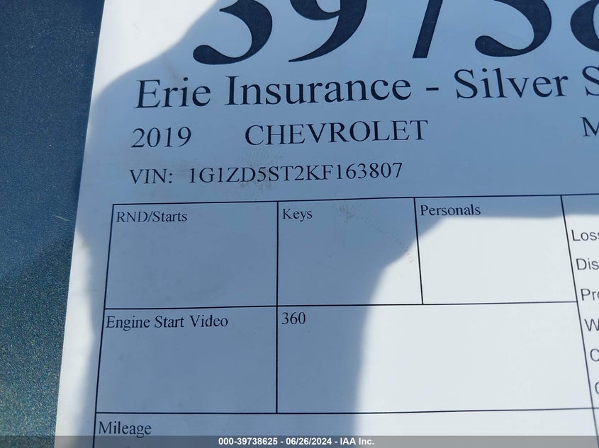 2019 Chevrolet Malibu Lt VIN: 1G1ZD5ST2KF163807 Lot: 39738625