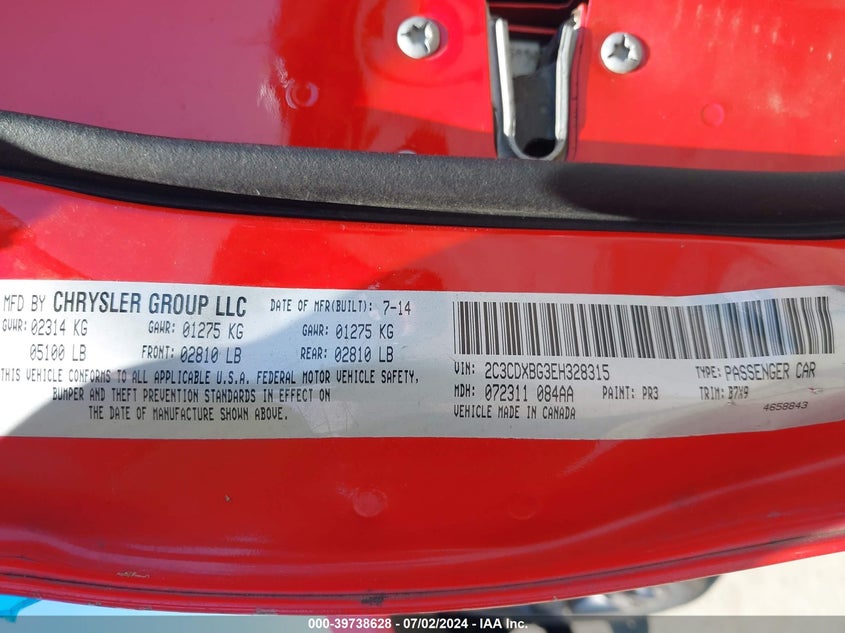 2014 Dodge Charger Se VIN: 2C3CDXBG3EH328315 Lot: 39738628