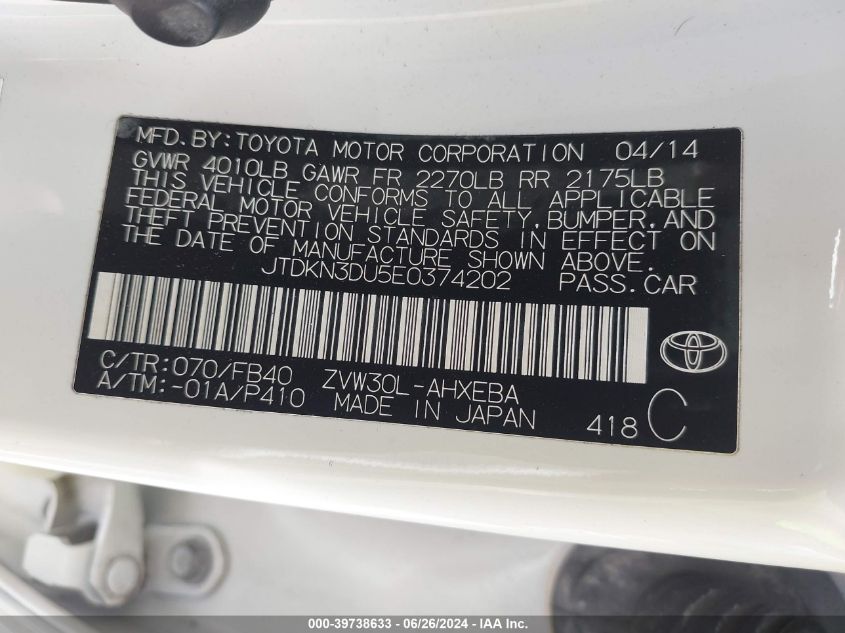 2014 Toyota Prius Three VIN: JTDKN3DU5E0374202 Lot: 39738633