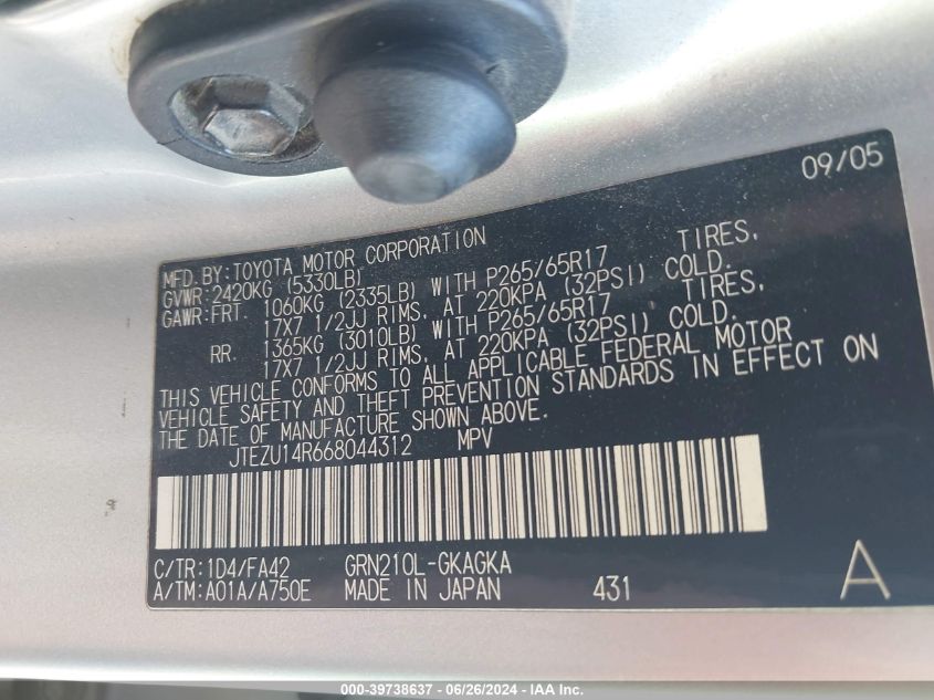 2006 Toyota 4Runner Sr5/Sport VIN: JTEZU14R668044312 Lot: 39738637