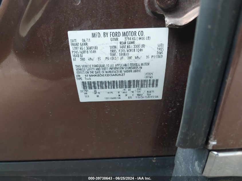 2011 Ford Explorer Xlt VIN: 1FMHK8D8XBGA82627 Lot: 39738643