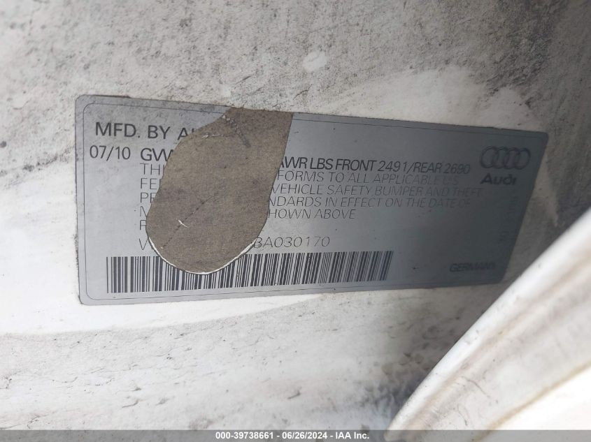 2011 Audi A4 2.0T Premium VIN: WAUWFAFL5BA030170 Lot: 39738661