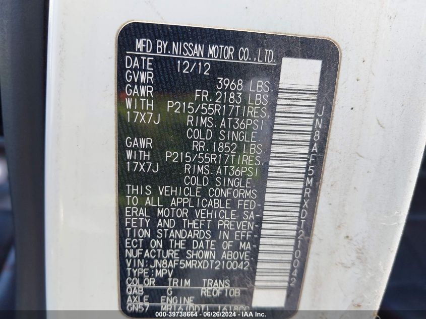 2013 Nissan Juke S/Sv/Sl VIN: JN8AF5MRXDT210042 Lot: 39738664