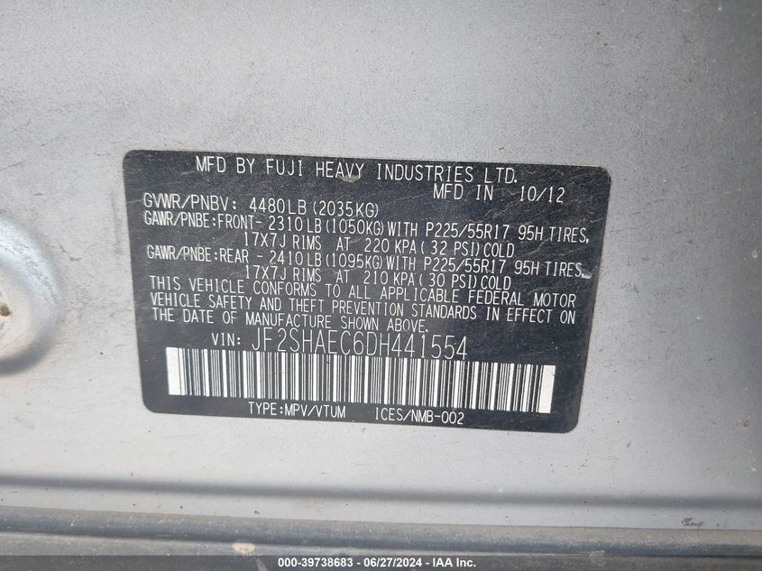 2013 Subaru Forester Limited VIN: JF2SHAEC6DH441554 Lot: 39738683