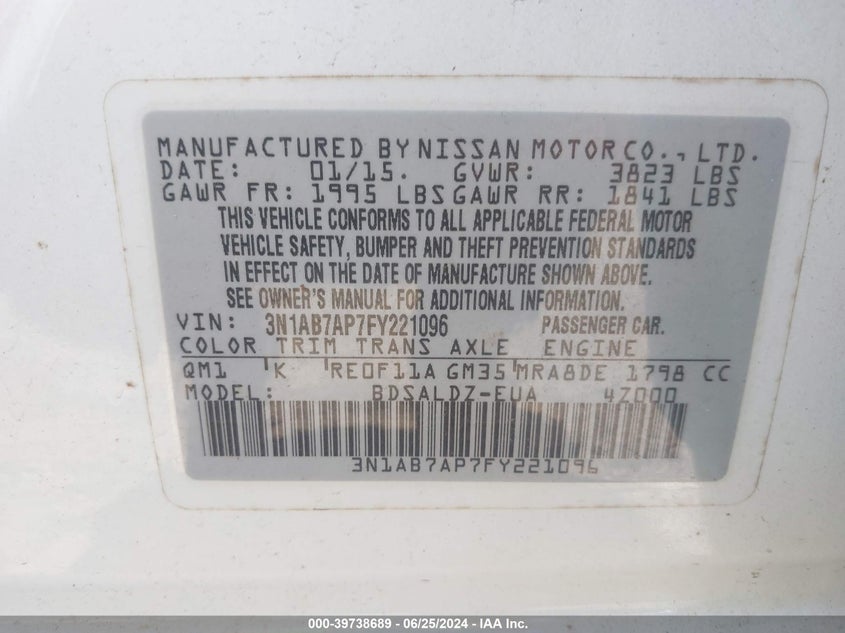 2015 Nissan Sentra Fe+ S/S/Sl/Sr/Sv VIN: 3N1AB7AP7FY221096 Lot: 39738689