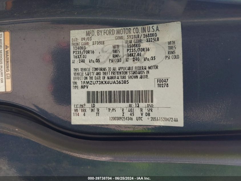 2004 Ford Explorer Nbx/Xlt VIN: 1FMZU73KX4UA36385 Lot: 39738704