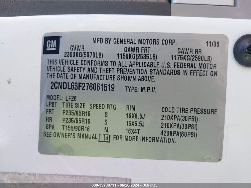 2CNDL63F276061519 2007 Chevrolet Equinox Lt