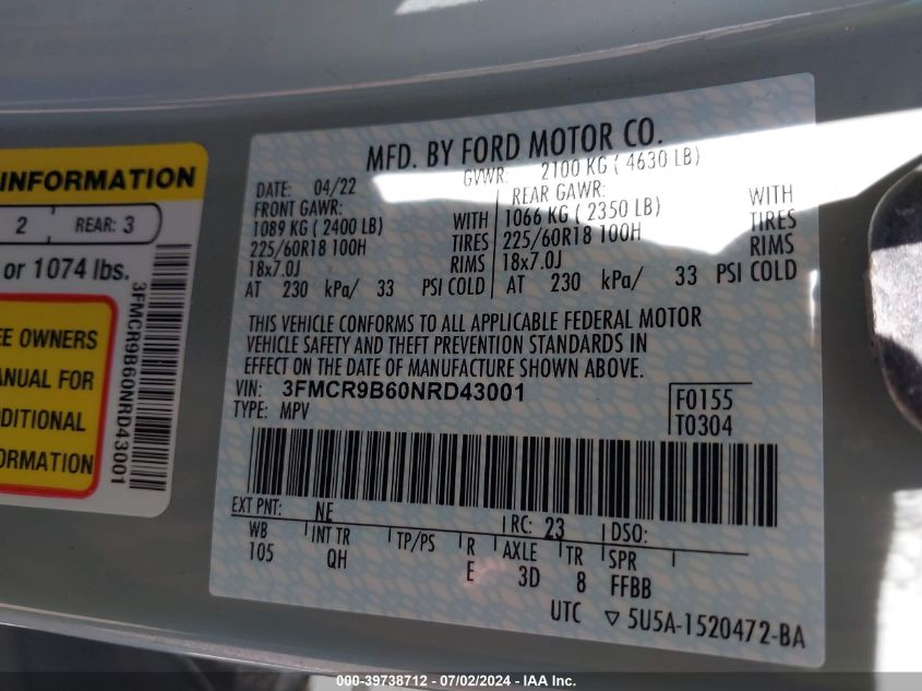 2022 Ford Bronco Sport Big Bend VIN: 3FMCR9B60NRD43001 Lot: 39738712