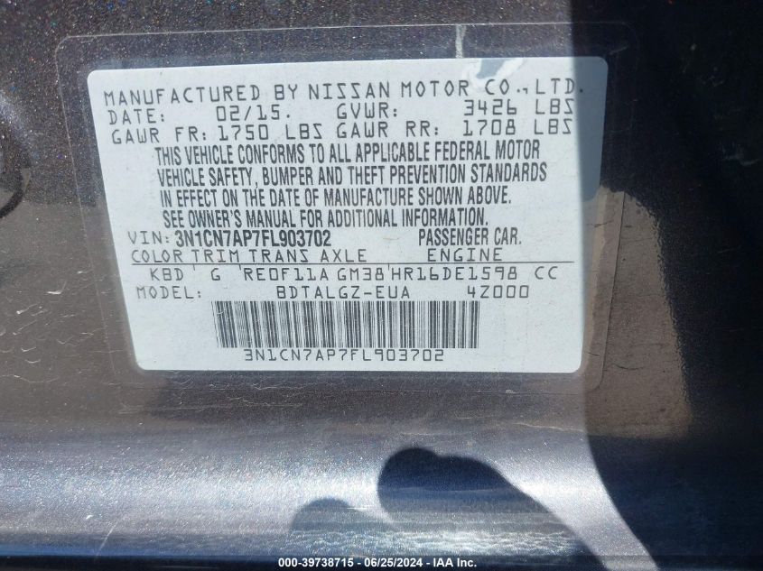 2015 Nissan Versa 1.6 Sl VIN: 3N1CN7AP7FL903702 Lot: 39738715