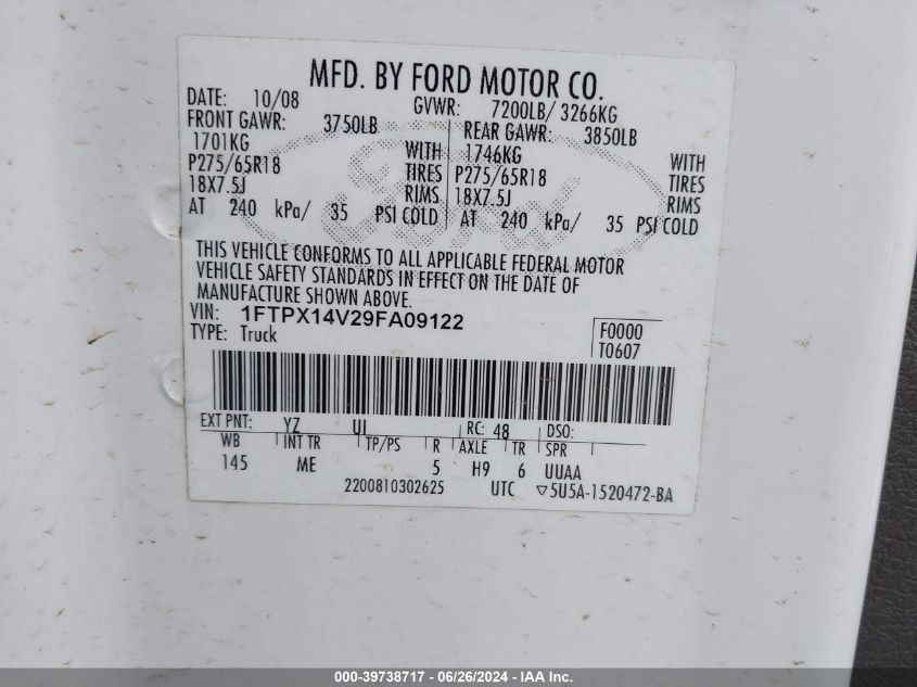 2009 Ford F-150 Fx4/Lariat/Xl/Xlt VIN: 1FTPX14V29FA09122 Lot: 39738717