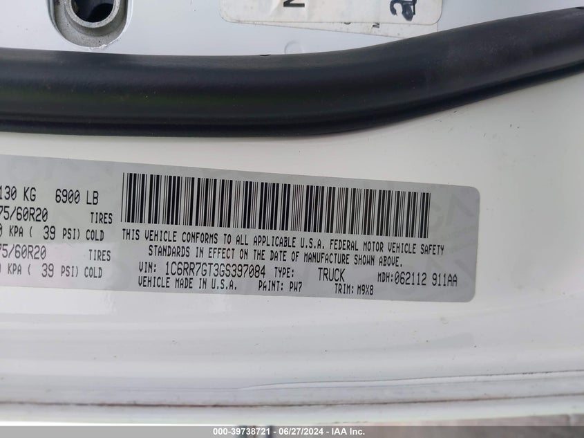 2016 Ram 1500 Slt VIN: 1C6RR7GT3GS397084 Lot: 39738721