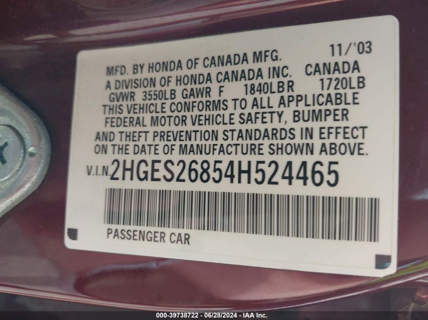 2004 Honda Civic Ex VIN: 2HGES26854H524465 Lot: 39738722