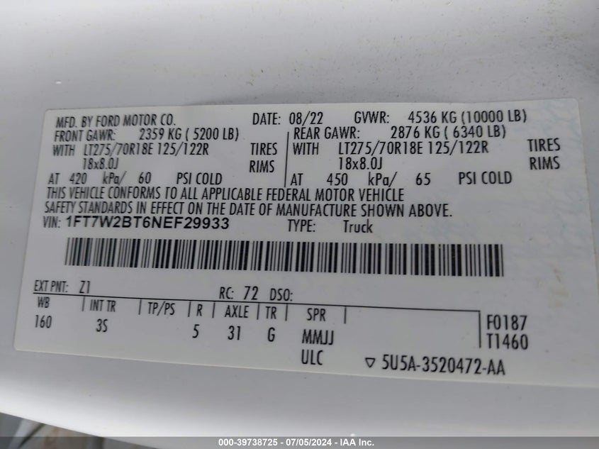 2022 Ford F-250 Xlt VIN: 1FT7W2BT6NEF29933 Lot: 39738725