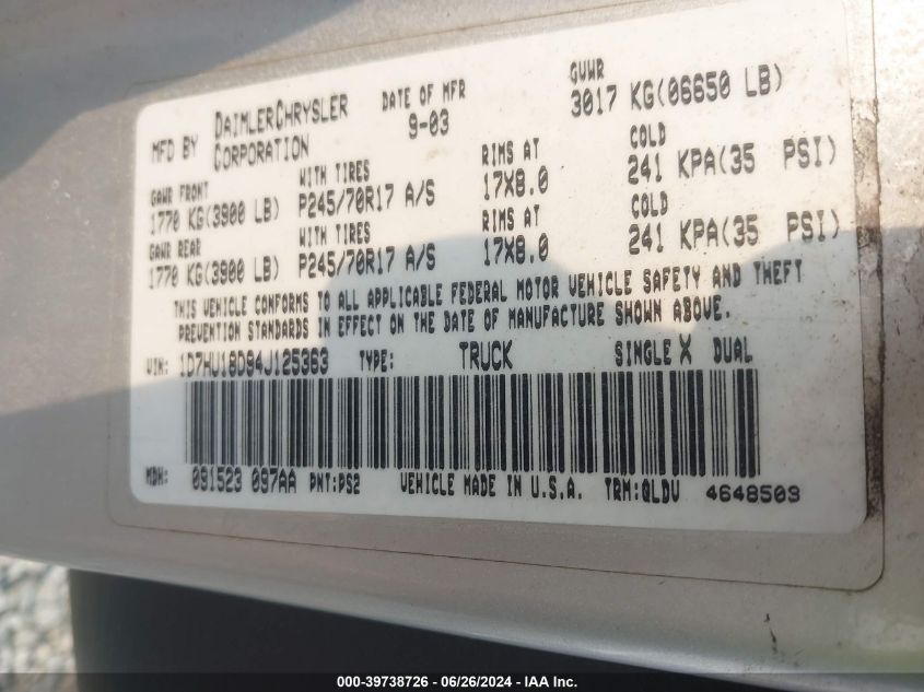 2004 Dodge Ram 1500 Slt/Laramie VIN: 1D7HU18D94J125363 Lot: 39738726