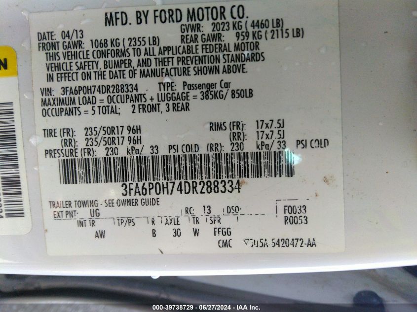 2013 Ford Fusion Se VIN: 3FA6P0H74DR288334 Lot: 39738729