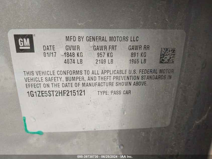 2017 Chevrolet Malibu 1Lt VIN: 1G1ZE5ST2HF215121 Lot: 39738730