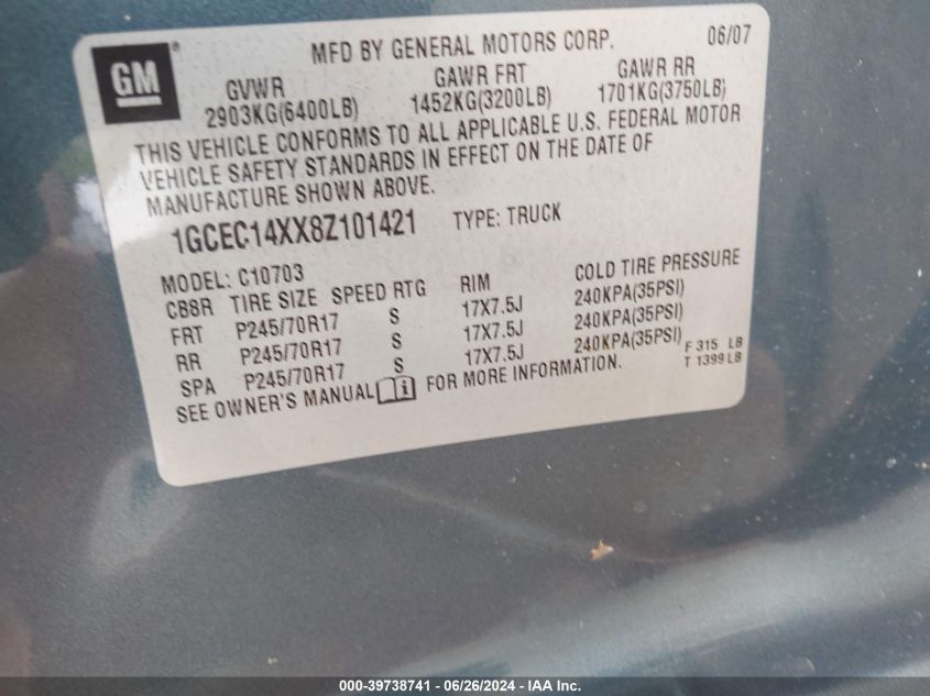 2008 Chevrolet Silverado C1500 VIN: 1GCEC14XX8Z101421 Lot: 39738741