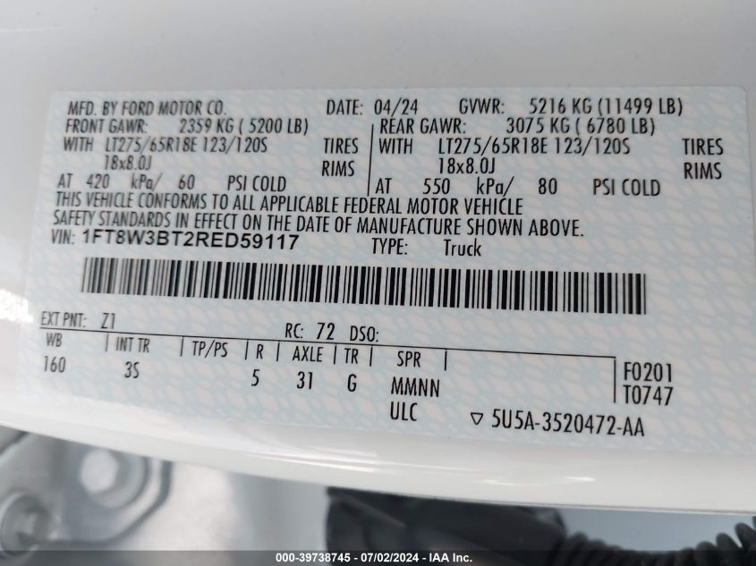 2024 Ford F350 Super Duty VIN: 1FT8W3BT2RED59117 Lot: 39738745