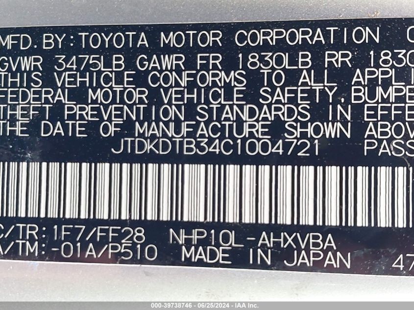 JTDKDTB34C1004721 2012 Toyota Prius C Two