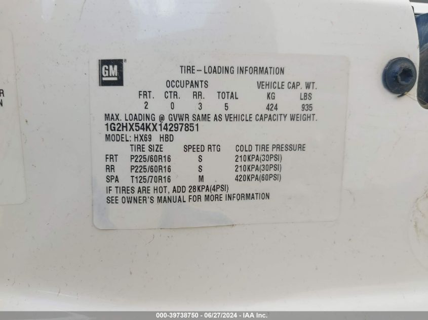 2001 Pontiac Bonneville Se VIN: 1G2HX54KX14297851 Lot: 39738750