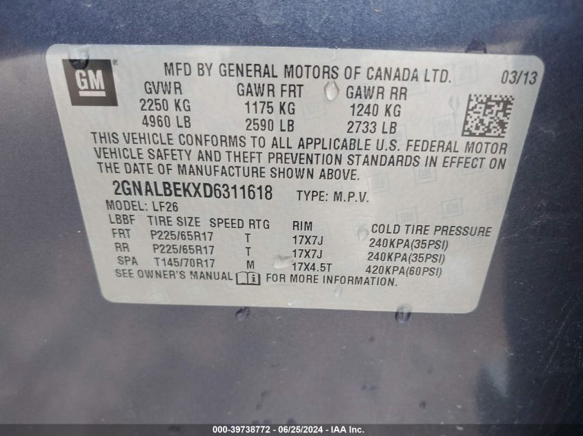 2013 Chevrolet Equinox Ls VIN: 2GNALBEKXD6311618 Lot: 39738772