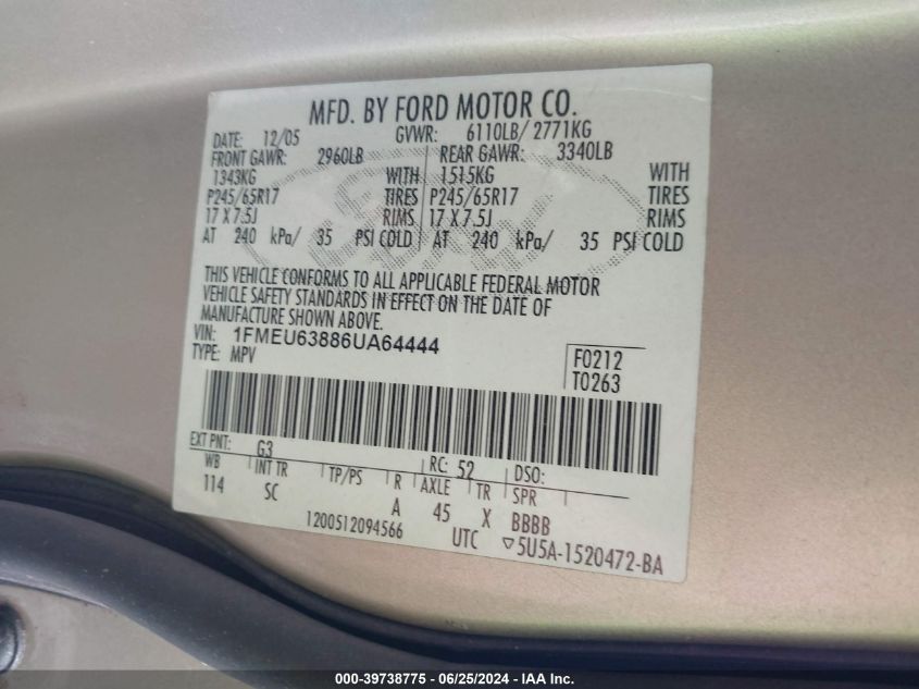 2006 Ford Explorer Xlt VIN: 1FMEU63886UA64444 Lot: 39738775