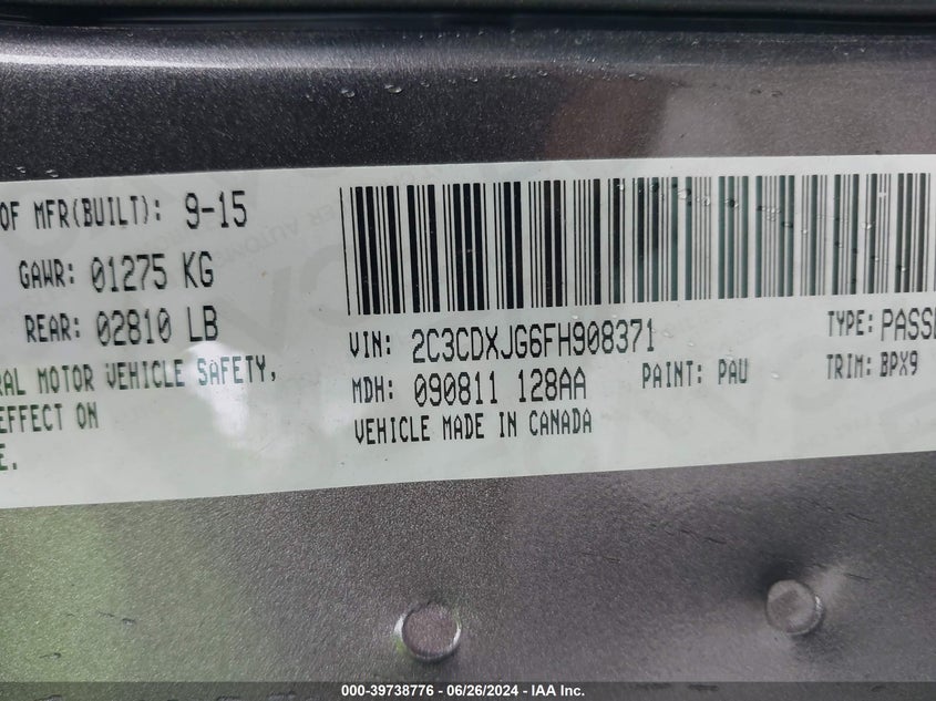 2015 Dodge Charger Sxt VIN: 2C3CDXJG6FH908371 Lot: 39738776