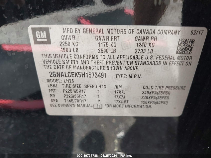 VIN 2GNALCEK5H1573491 2017 CHEVROLET EQUINOX LT