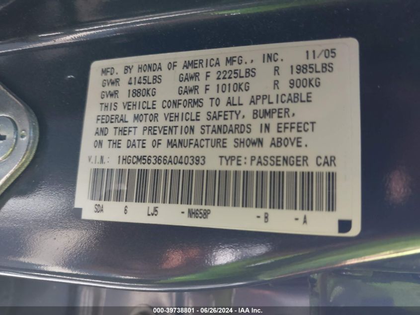 2006 Honda Accord 2.4 Se VIN: 1HGCM56366A040393 Lot: 39738801