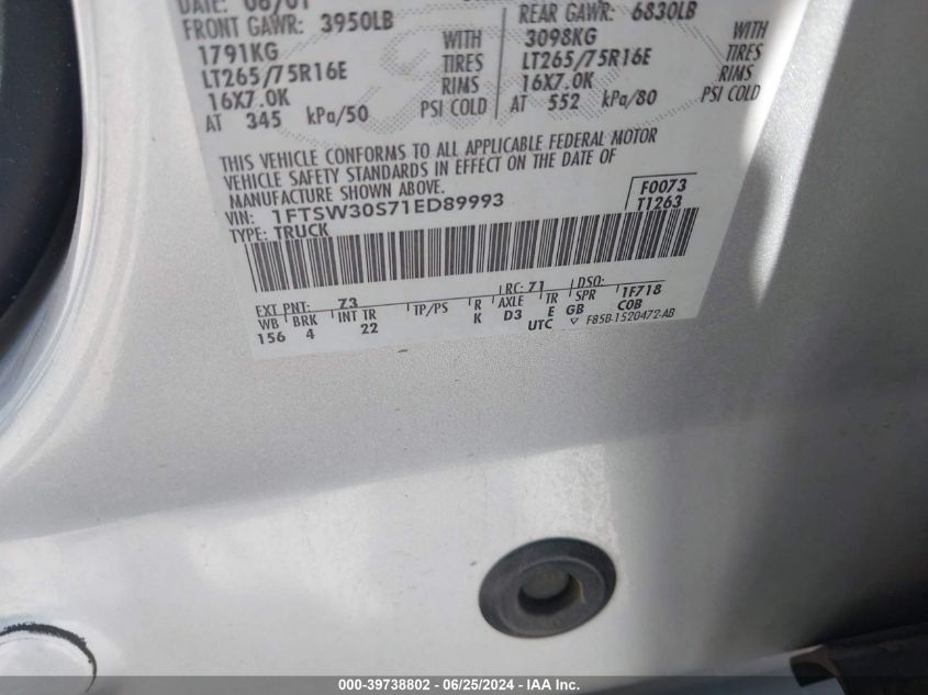 2001 Ford F-350 Lariat/Xl/Xlt VIN: 1FTSW30S71ED89993 Lot: 39738802