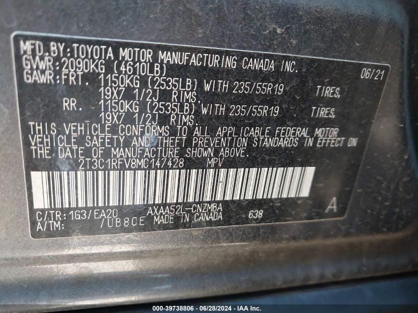 2021 Toyota Rav4 Xle Premium VIN: 2T3C1RFV8MC147428 Lot: 39738806