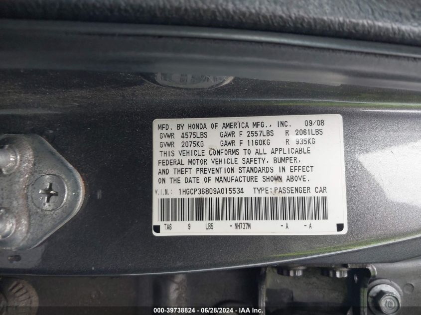 2009 Honda Accord 3.5 Ex-L VIN: 1HGCP36809A015534 Lot: 39738824