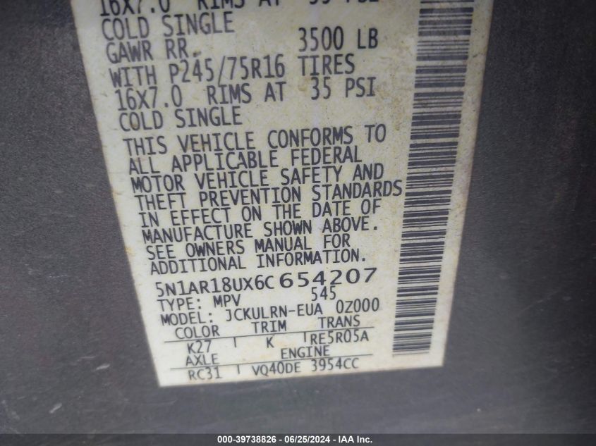 2006 Nissan Pathfinder S VIN: 5N1AR18UX6C654207 Lot: 39738826