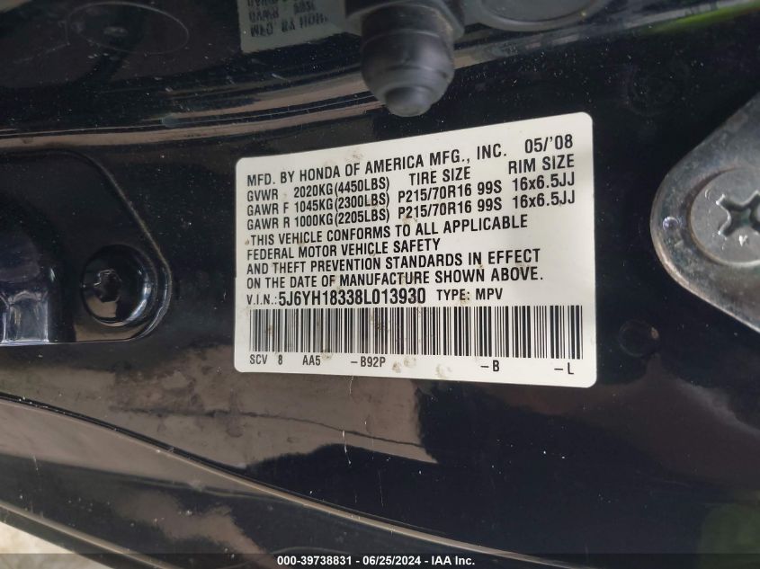 2008 Honda Element Lx VIN: 5J6YH18338L013930 Lot: 39738831