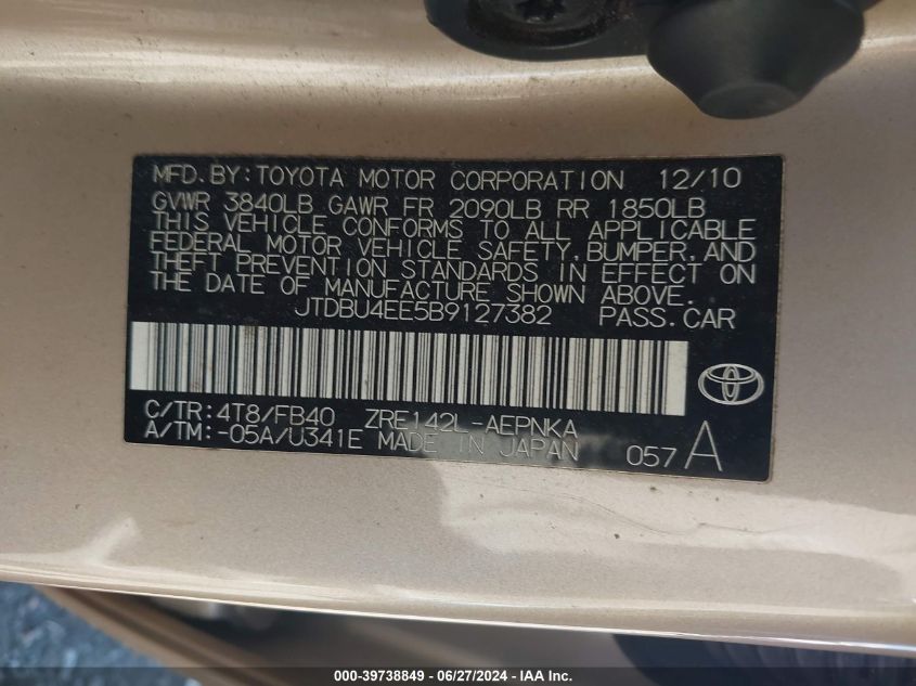 2011 Toyota Corolla S/Le VIN: JTDBU4EE5B9127382 Lot: 39738849