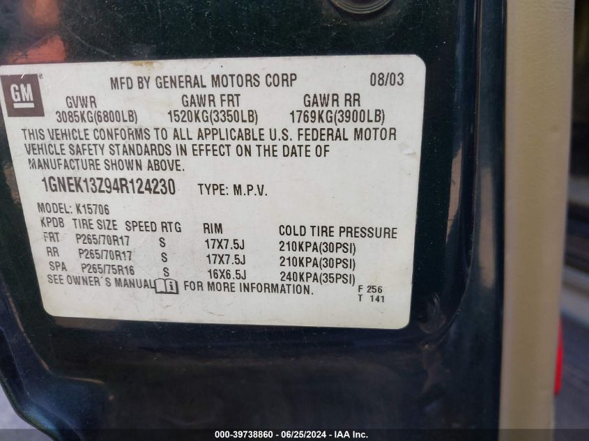 2004 Chevrolet Tahoe Z71 VIN: 1GNEK13Z94R124230 Lot: 39738860