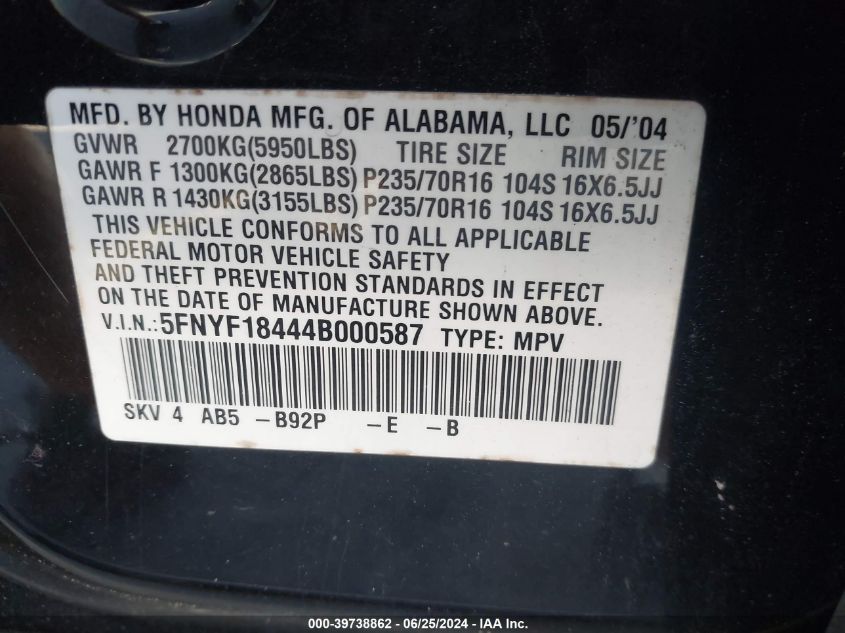 2004 Honda Pilot Ex VIN: 5FNYF18444B000587 Lot: 39738862