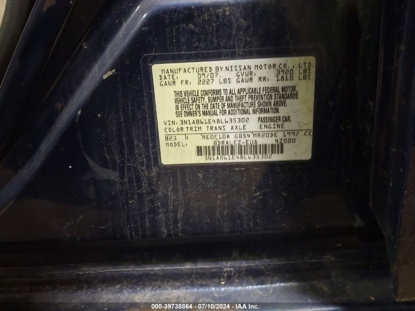 2008 Nissan Sentra 2.0 VIN: 3N1AB61E48L635302 Lot: 39738864