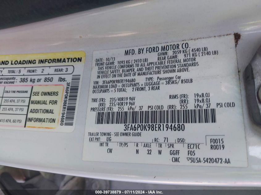 2014 FORD FUSION VIN: 3FA6P0K98ER194680