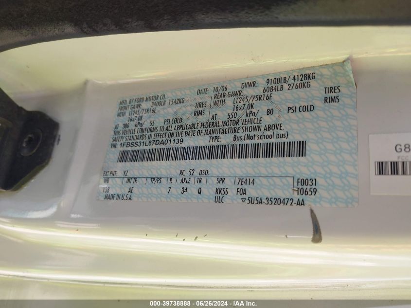 2007 Ford Econoline E350 Super Duty Wagon VIN: 1FBSS31L67DA01139 Lot: 39738888