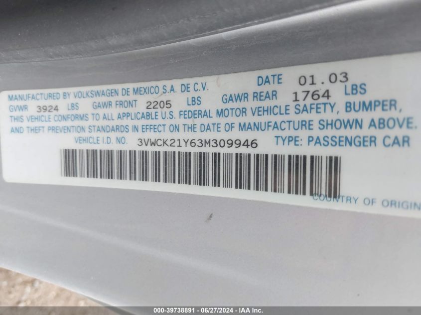 2003 Volkswagen New Beetle Gls VIN: 3VWCK21Y63M309946 Lot: 39738891
