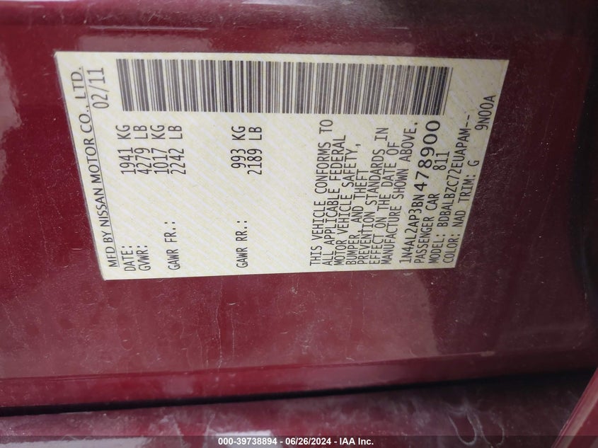 2011 Nissan Altima S VIN: 1N4AL2AP3BN478900 Lot: 39738894