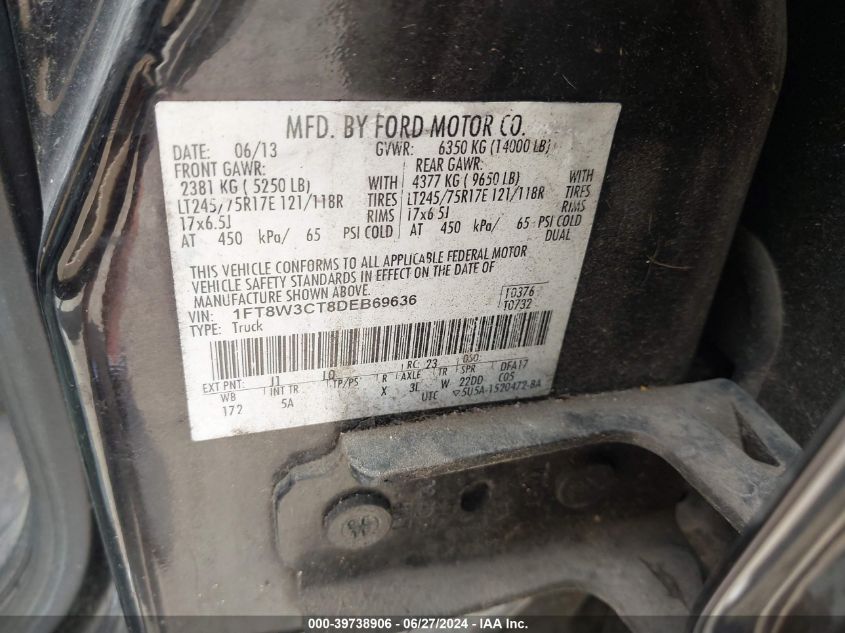 2013 Ford F-350 Lariat VIN: 1FT8W3CT8DEB69636 Lot: 39738906