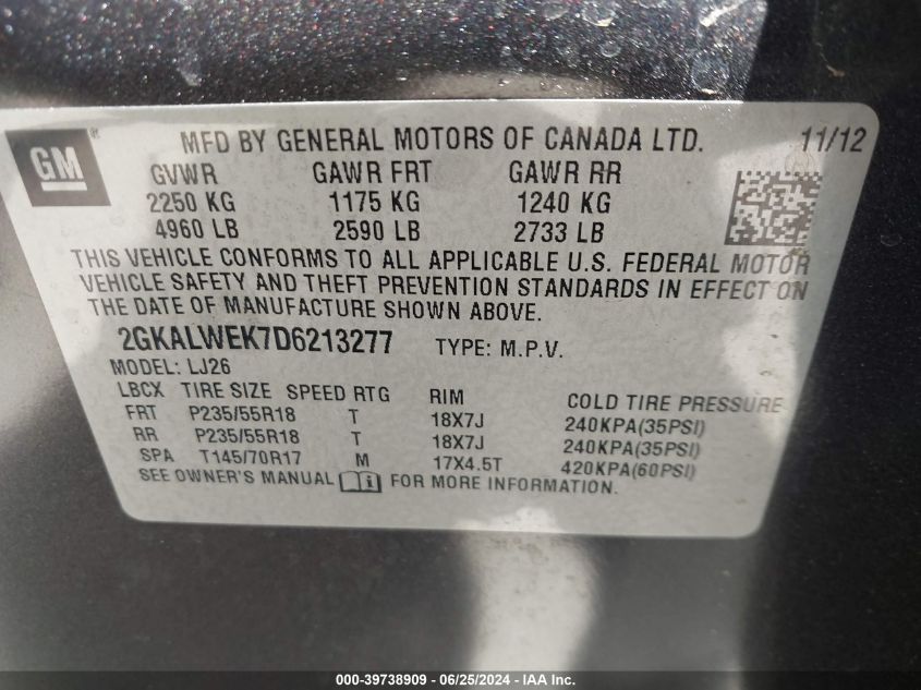 2013 GMC Terrain Slt-2 VIN: 2GKALWEK7D6213277 Lot: 39738909