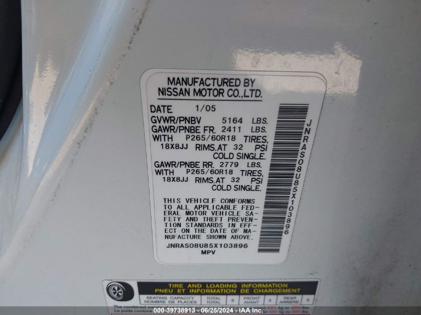 2005 Infiniti Fx35 VIN: JNRAS08U85X103896 Lot: 39738913