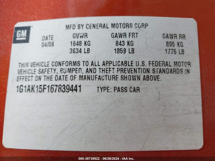 2006 Chevrolet Cobalt Ls VIN: 1G1AK15F167839441 Lot: 39738922