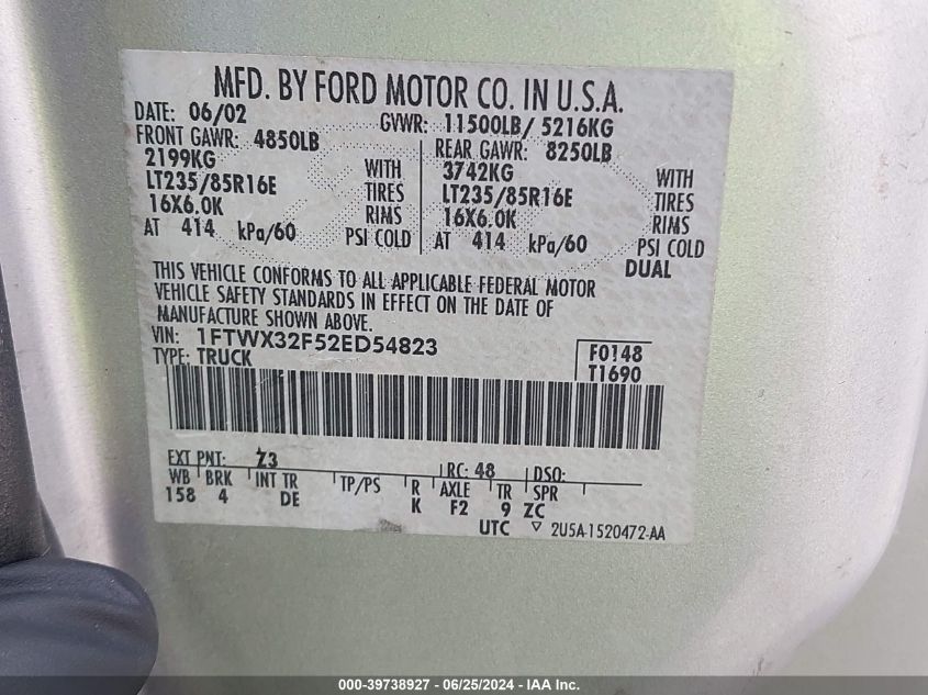2002 Ford F350 Super Duty VIN: 1FTWX32F52ED54823 Lot: 39738927